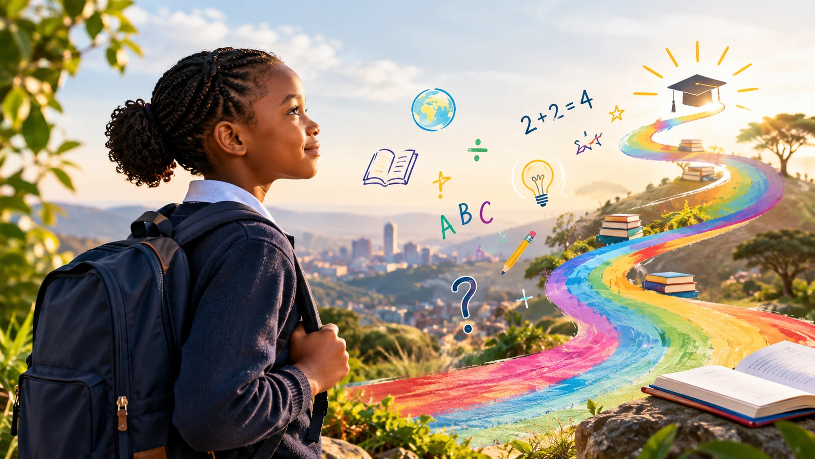 A Kenyan schoolgirl looking out over a rainbow path of letters, numbers and ideas leading towards a graduation cap.