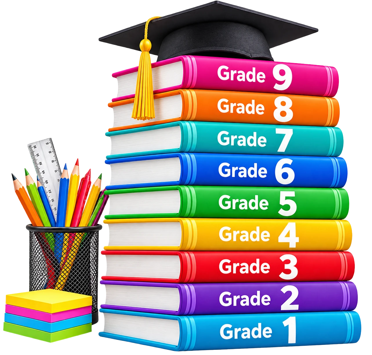 A stack of school books from Grade 1 to Grade 9 with a graduation cap on top.
